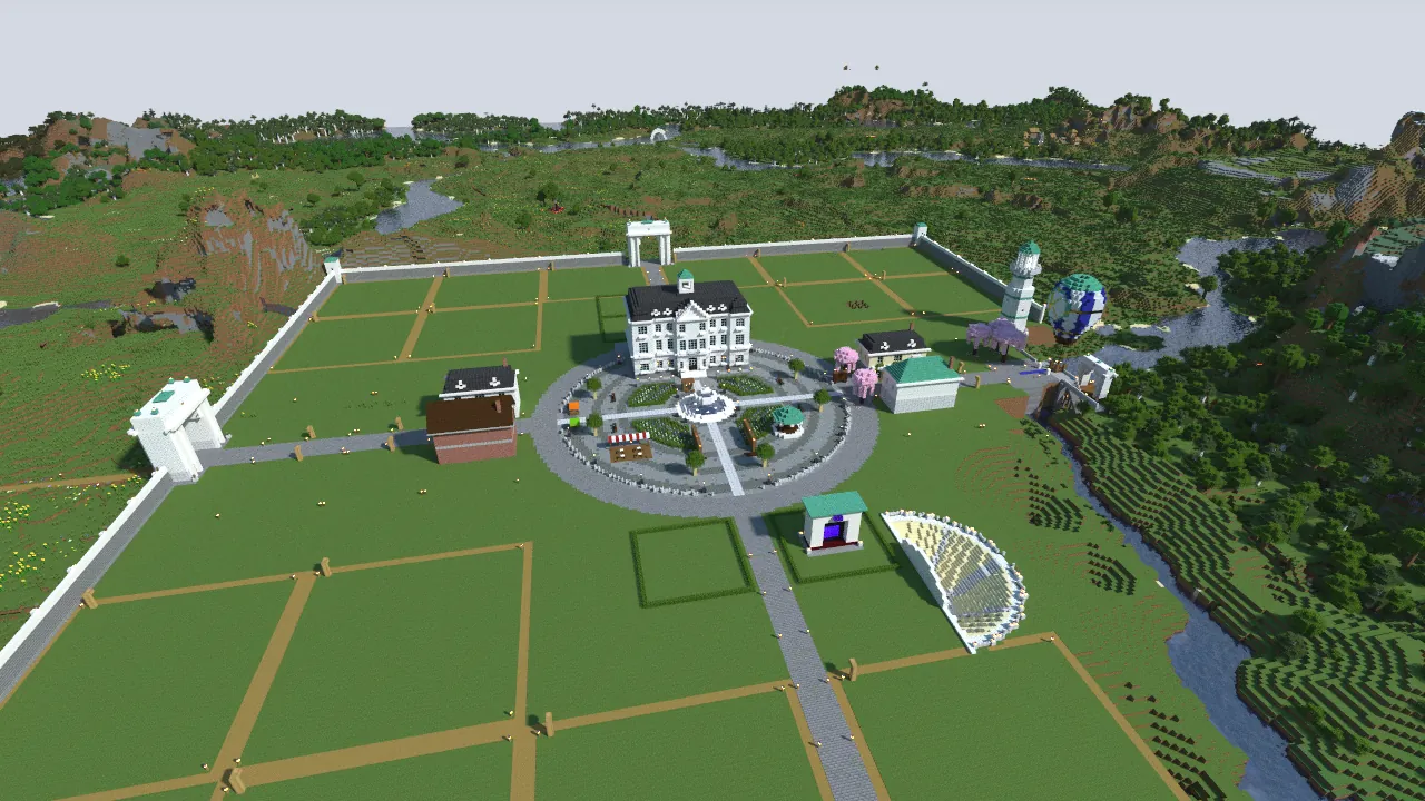 Kettlewood from the air: the walled town with its square, town hall, plots, harbour and river.