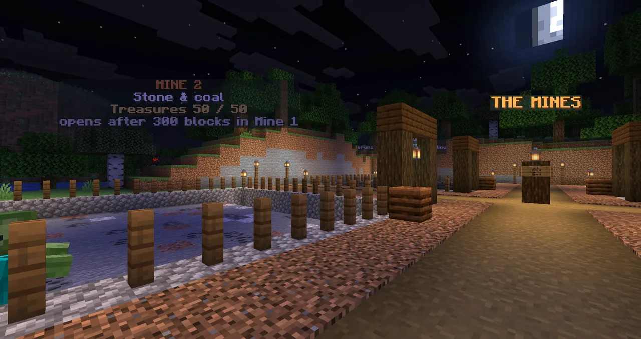 The mine yard at night: fenced pits, lanterns and floating titles over each mine.