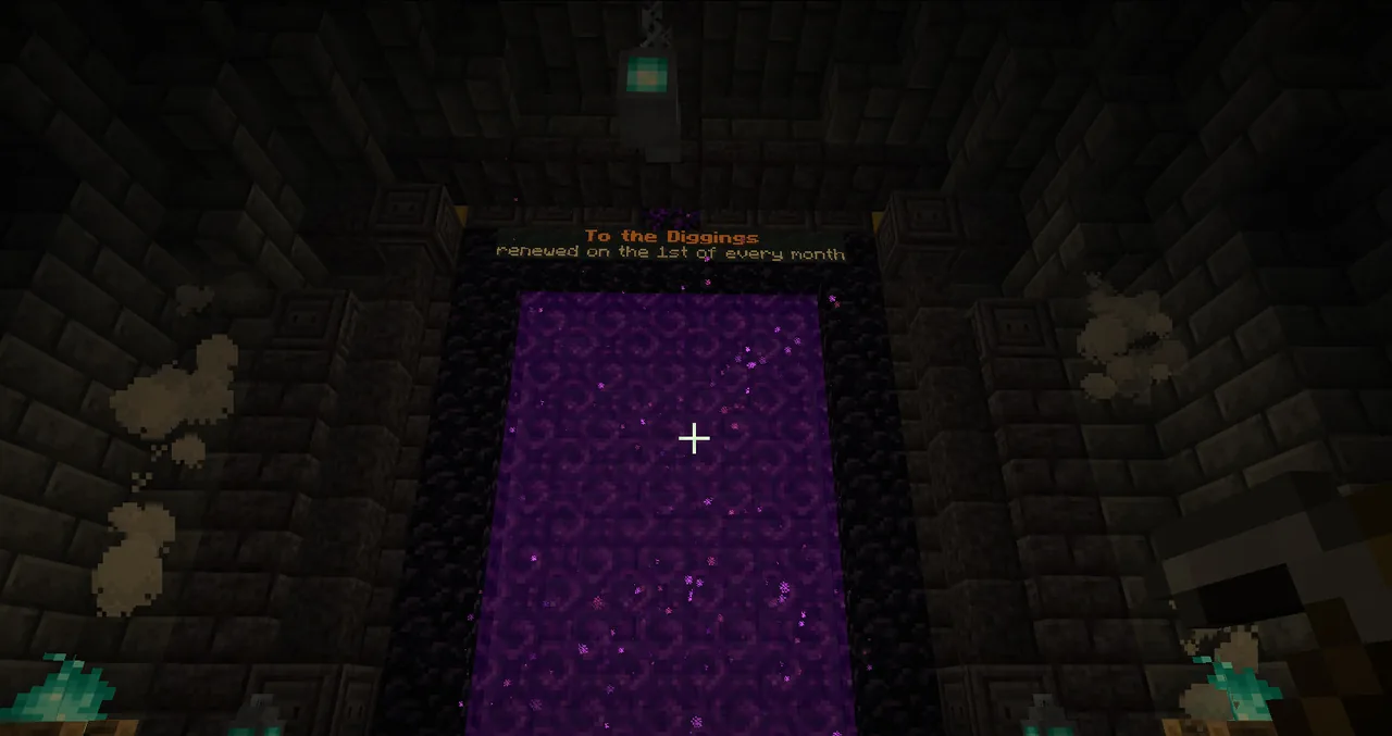 The Gate of the Diggings under the town hall: a purple portal in a dark stone hall, 'To the Diggings' above it.